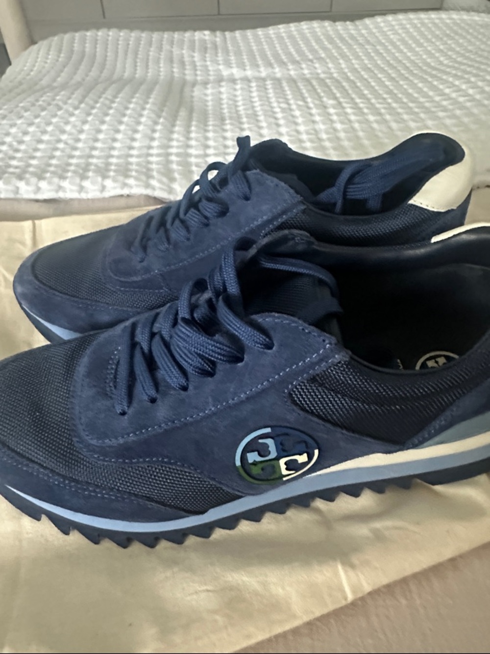Tory Burch Navy Suede and Mesh Logo Runner
